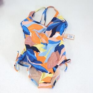 One Piece Swimsuit - Blue and Orange Leaf Print